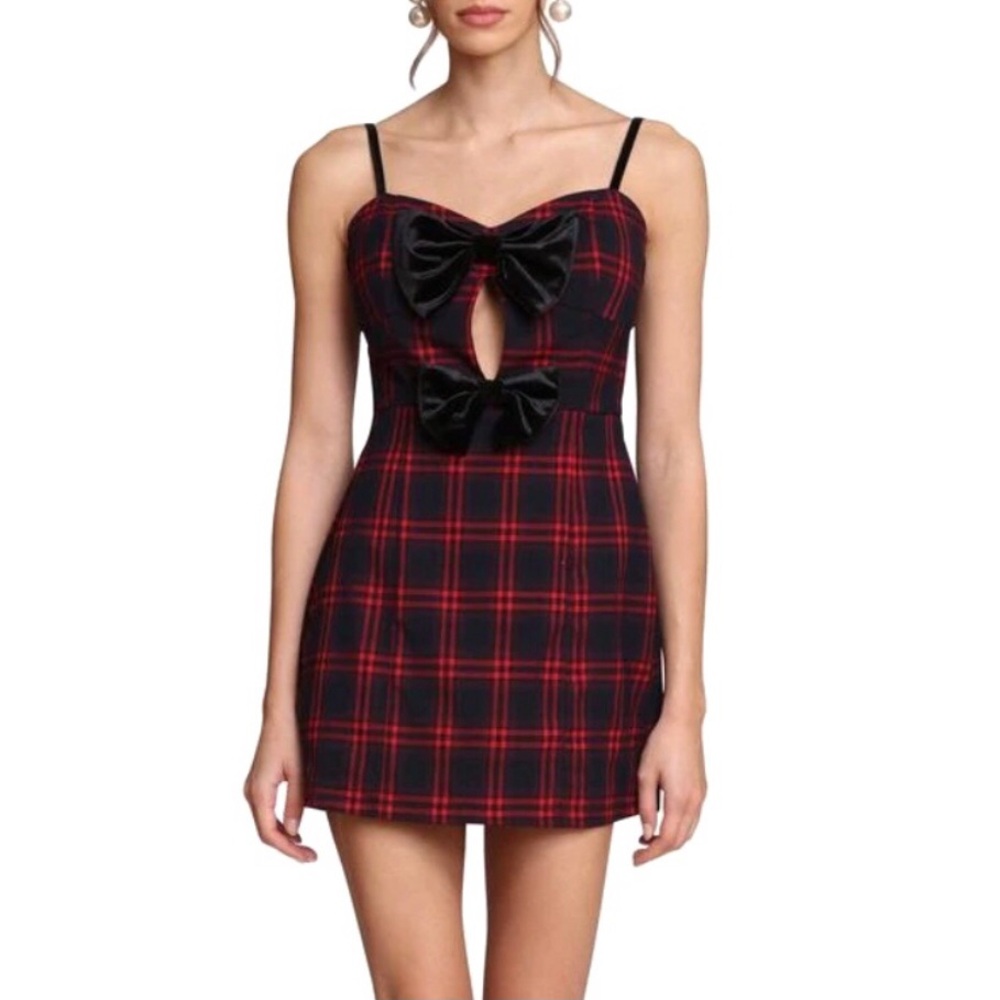 Avec Les FIlles Plaid Velvet Bow Structured Mini Dress Black Red Size 10
